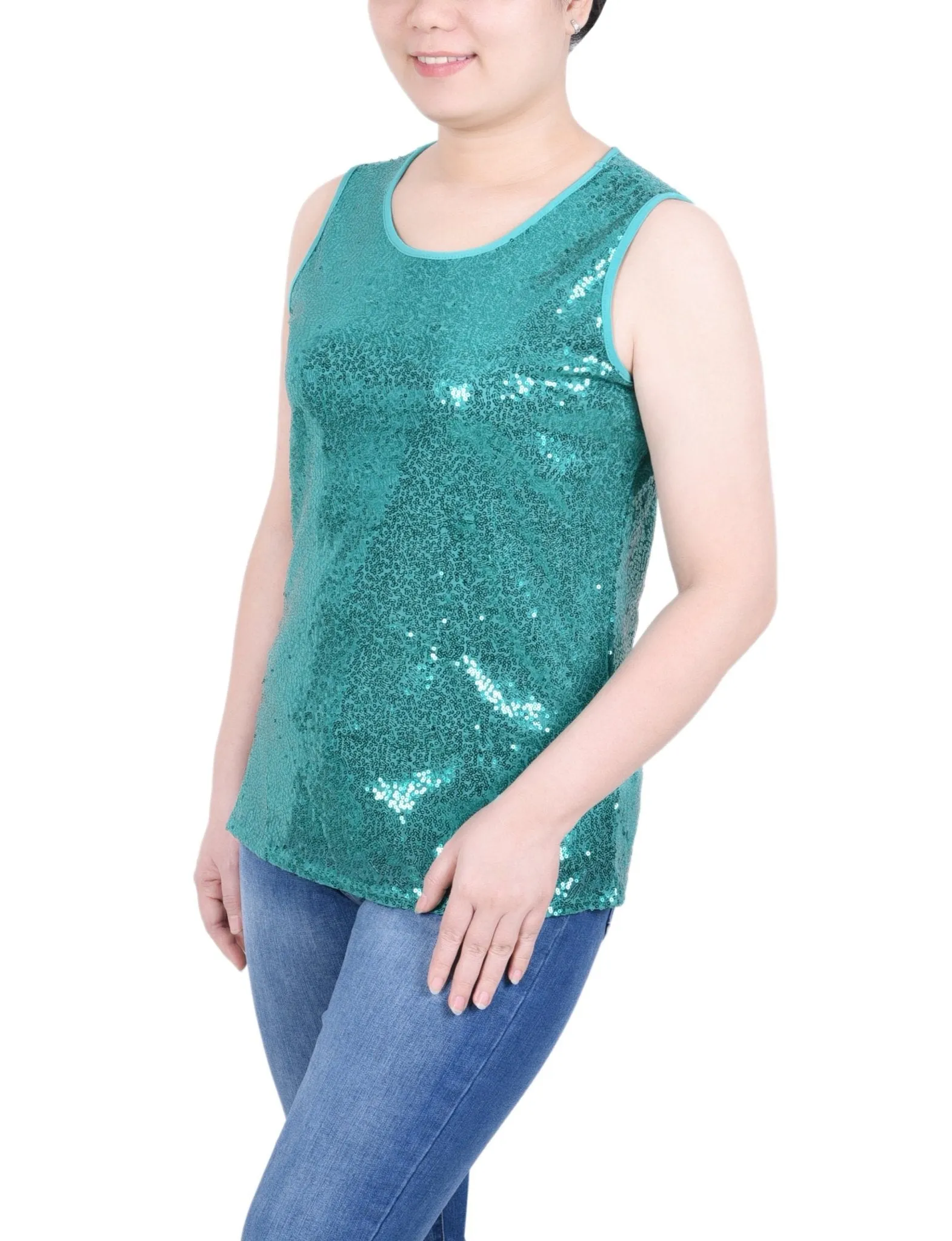Sleeveless Sequined Tank Top With Combo Banding - Petite