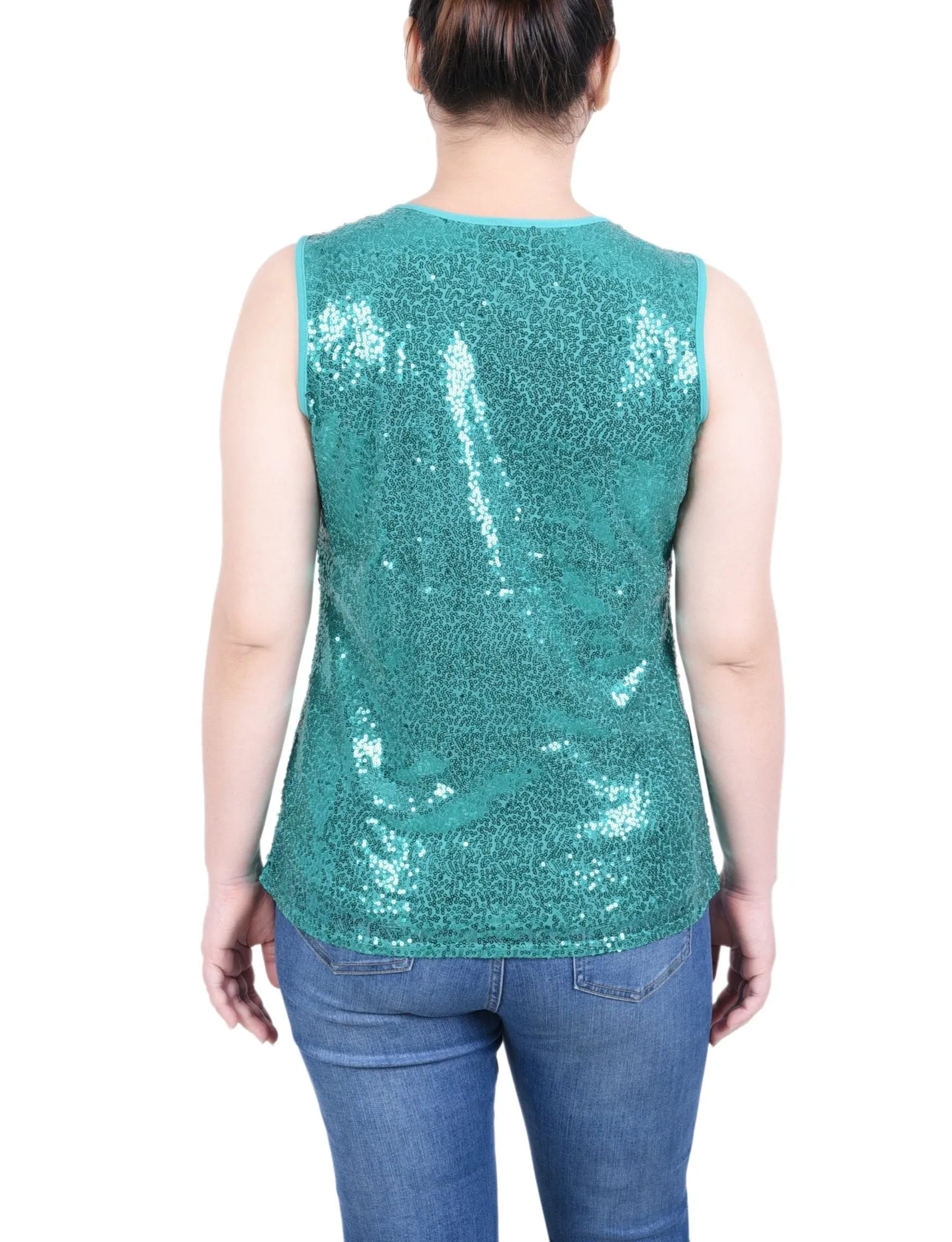 Sleeveless Sequined Tank Top With Combo Banding - Petite