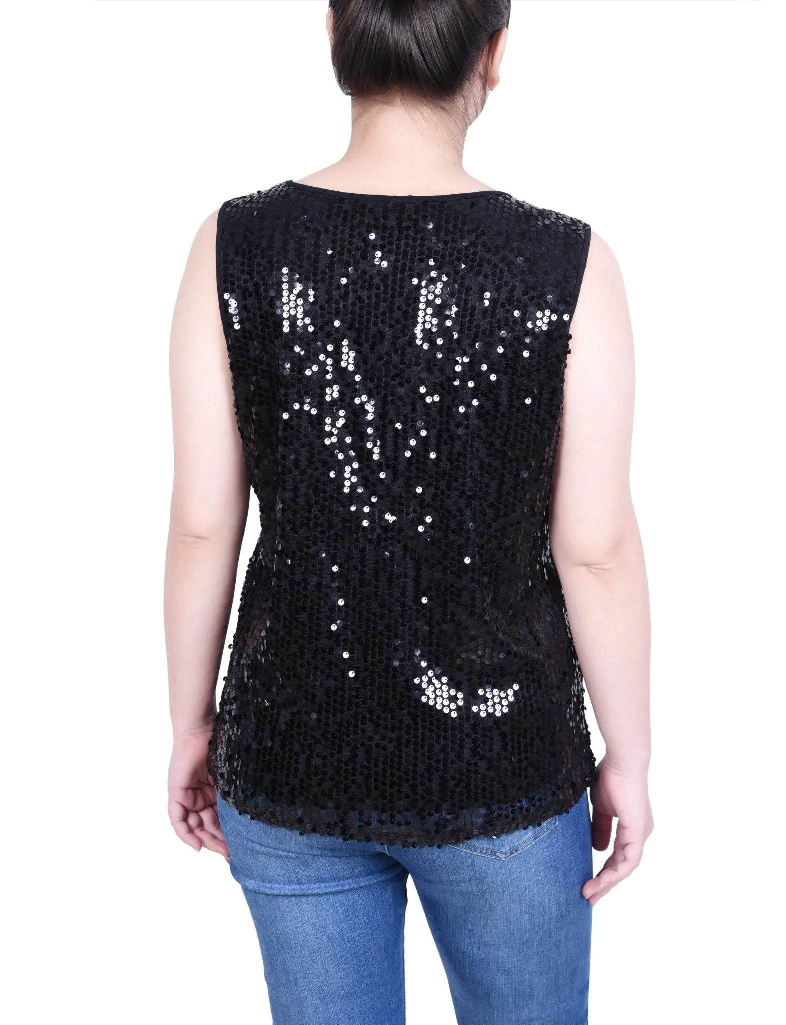 Sleeveless Sequined Tank Top With Combo Banding - Petite