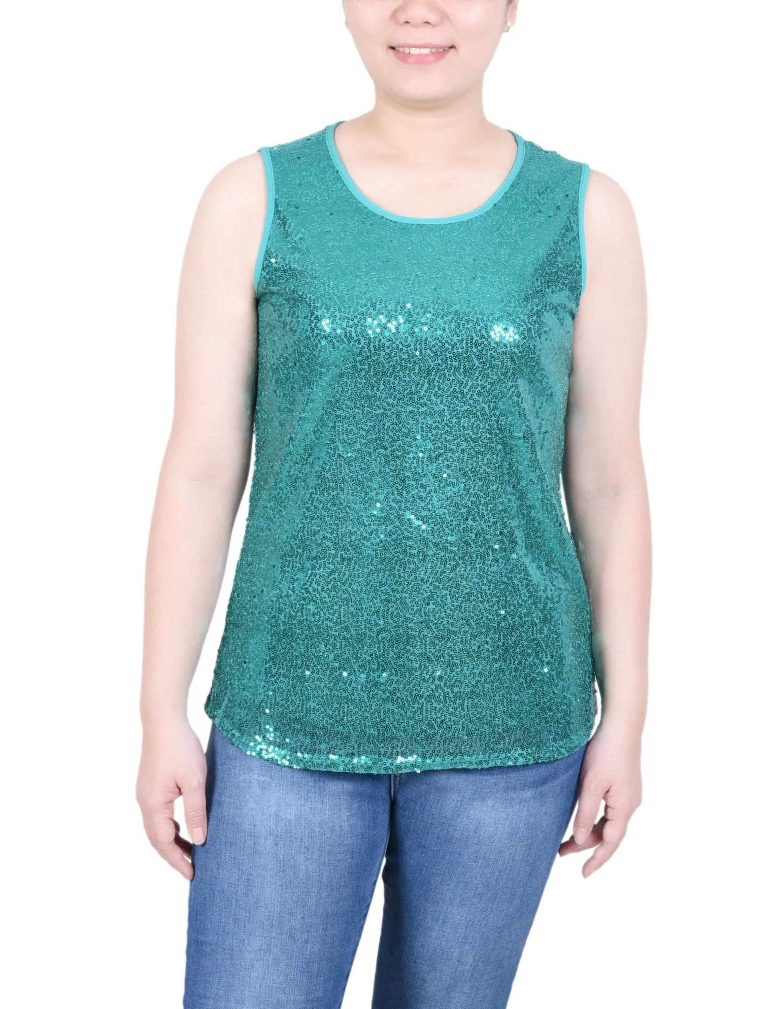 Sleeveless Sequined Tank Top With Combo Banding - Petite