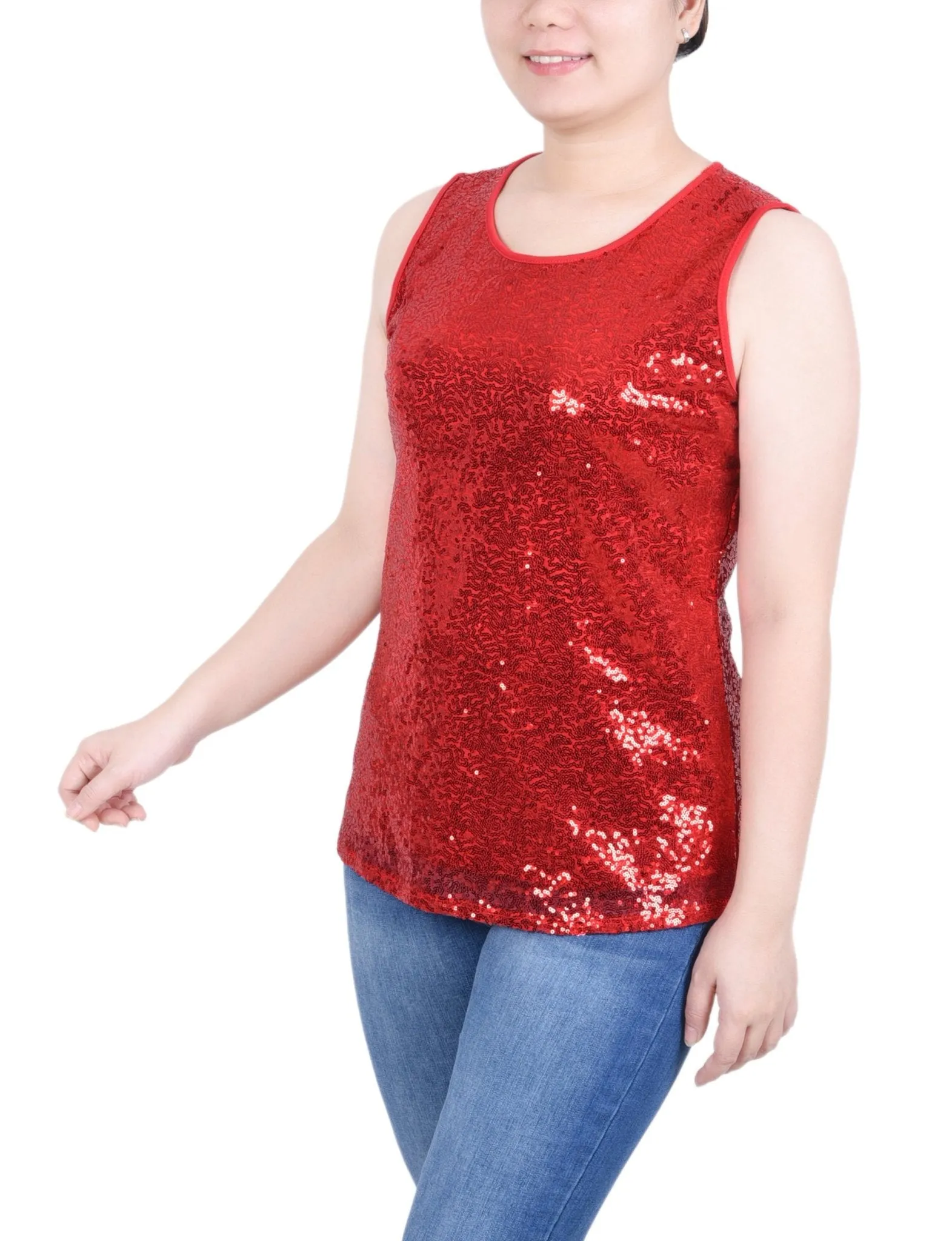 Sleeveless Sequined Tank Top With Combo Banding - Petite