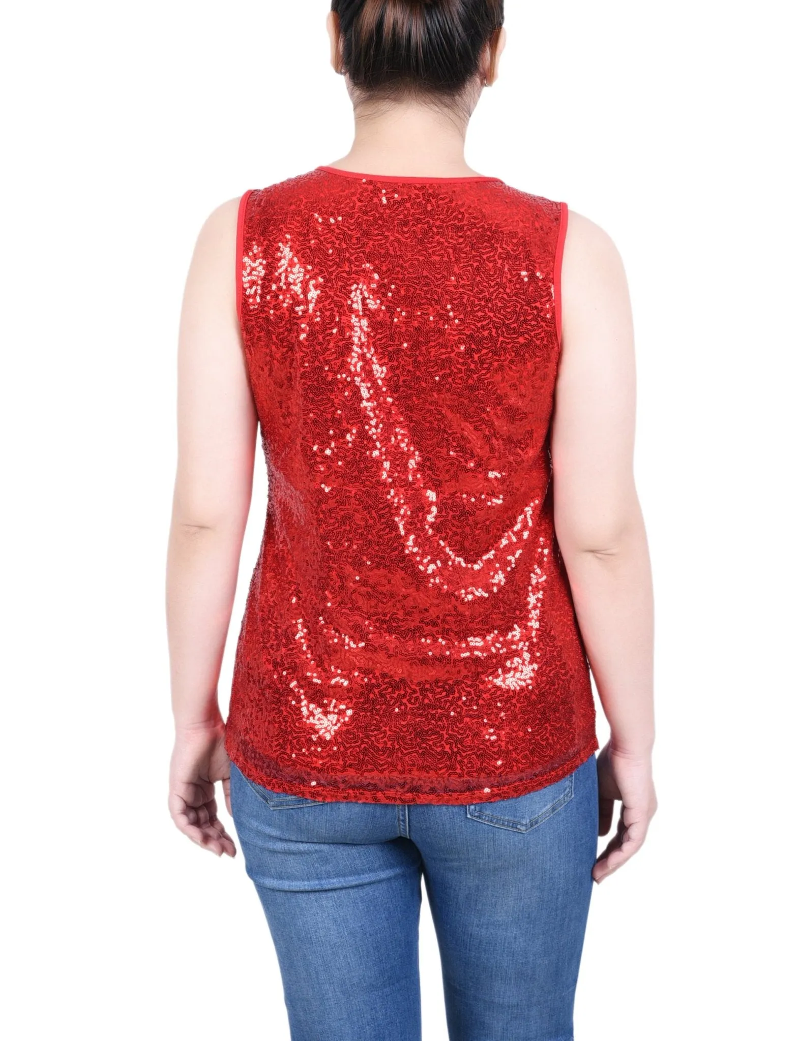 Sleeveless Sequined Tank Top With Combo Banding - Petite