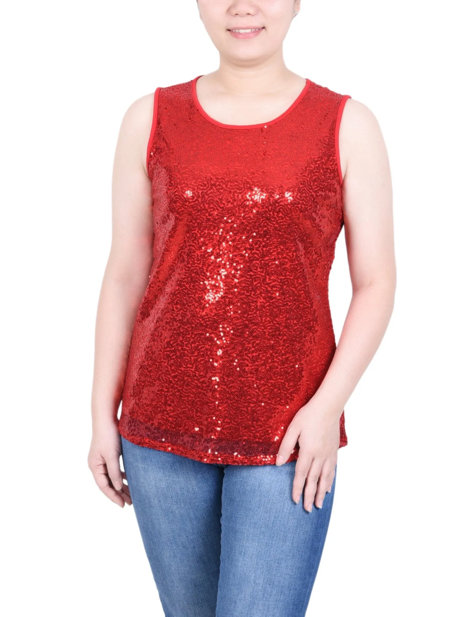 Sleeveless Sequined Tank Top With Combo Banding - Petite