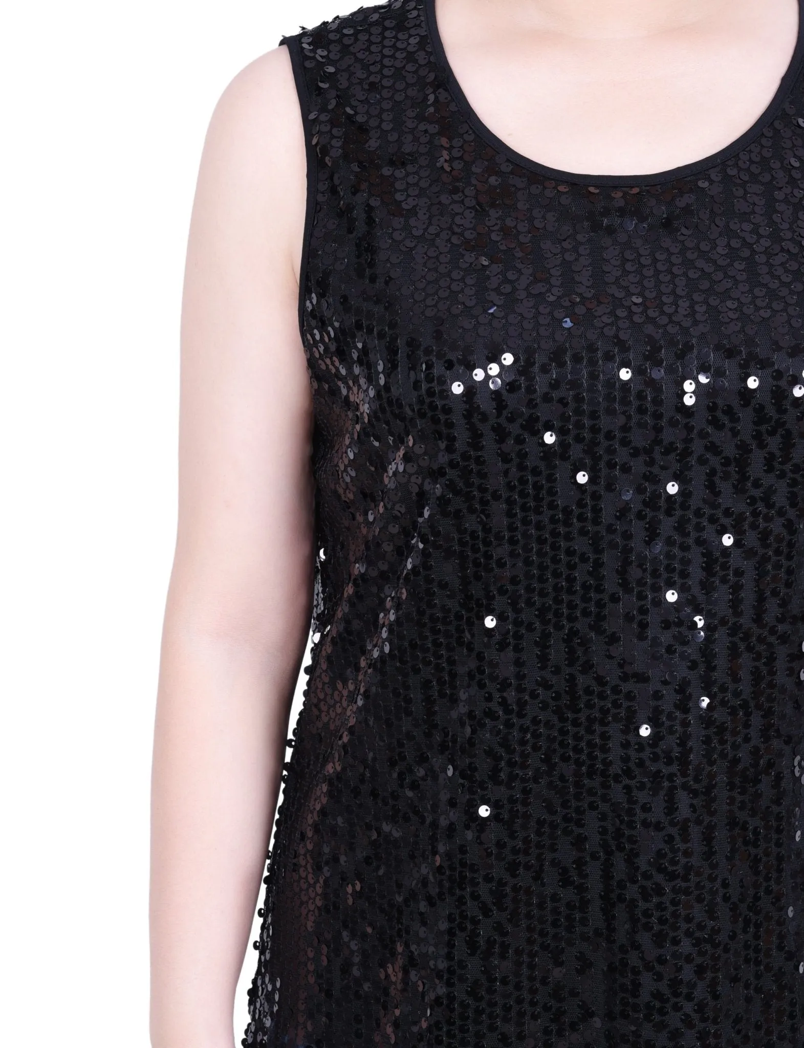 Sleeveless Sequined Tank Top With Combo Banding - Petite