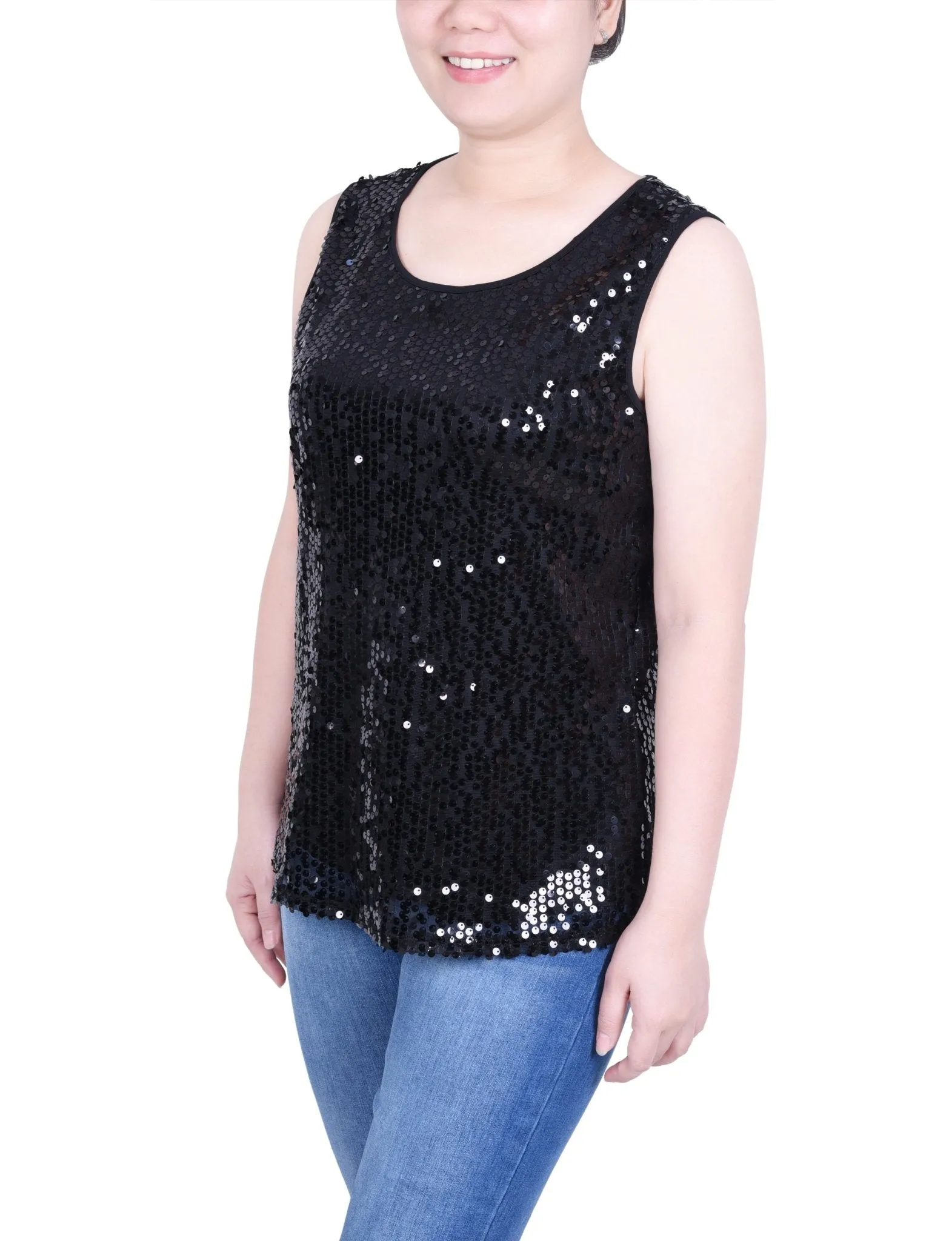 Sleeveless Sequined Tank Top With Combo Banding - Petite