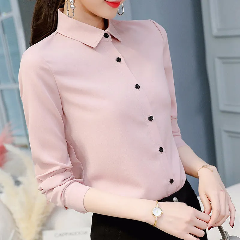 Slim Look Blouse Long Sleeved Korean Uniform Formal Plus Size Shirt Chiffon Blouse