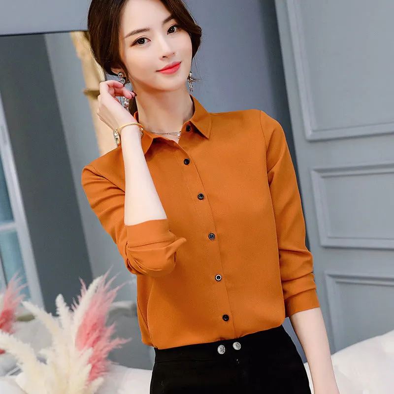 Slim Look Blouse Long Sleeved Korean Uniform Formal Plus Size Shirt Chiffon Blouse