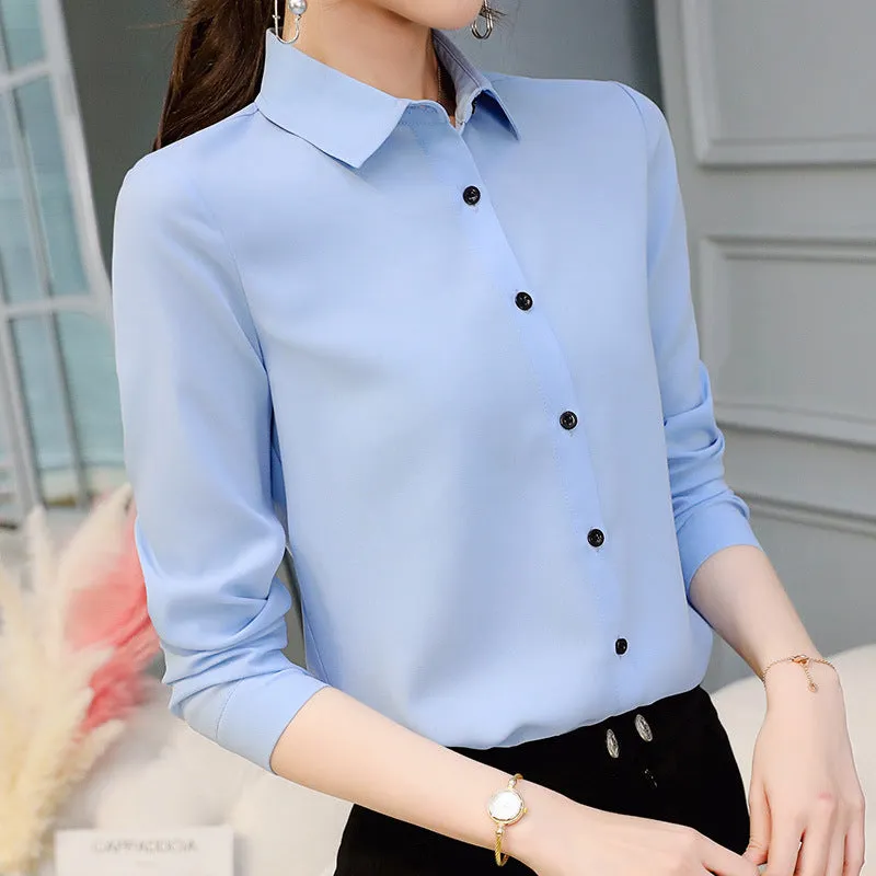 Slim Look Blouse Long Sleeved Korean Uniform Formal Plus Size Shirt Chiffon Blouse