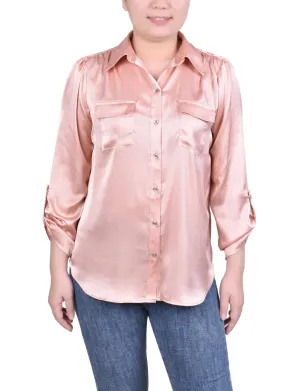 Tabbed Long Sleeve Satin Blouse - Petite
