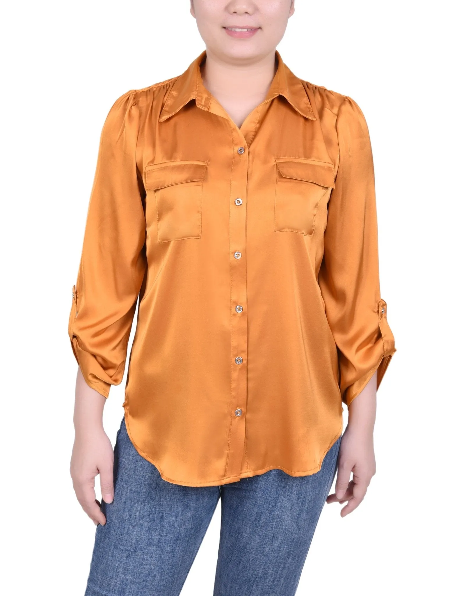 Tabbed Long Sleeve Satin Blouse - Petite