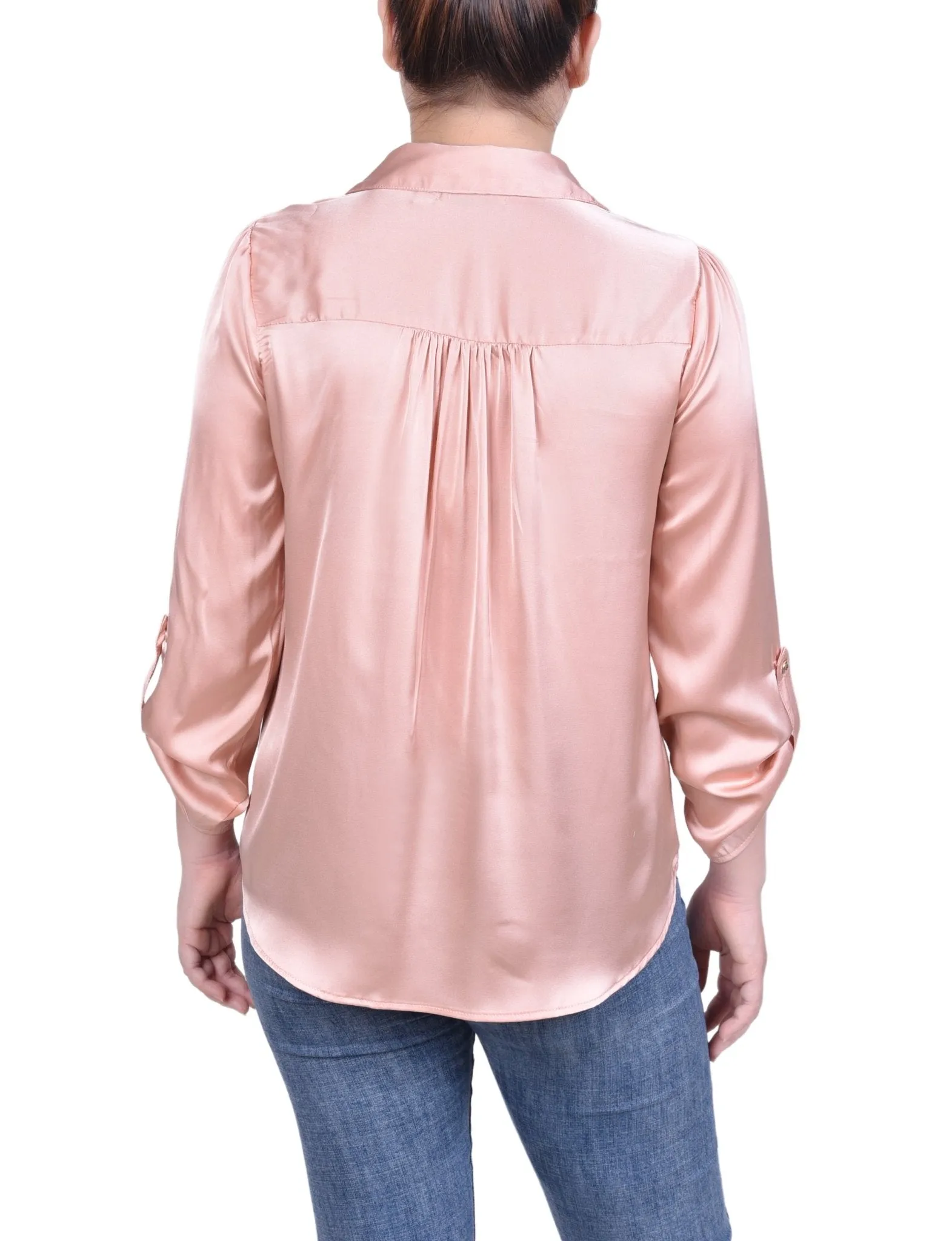 Tabbed Long Sleeve Satin Blouse - Petite
