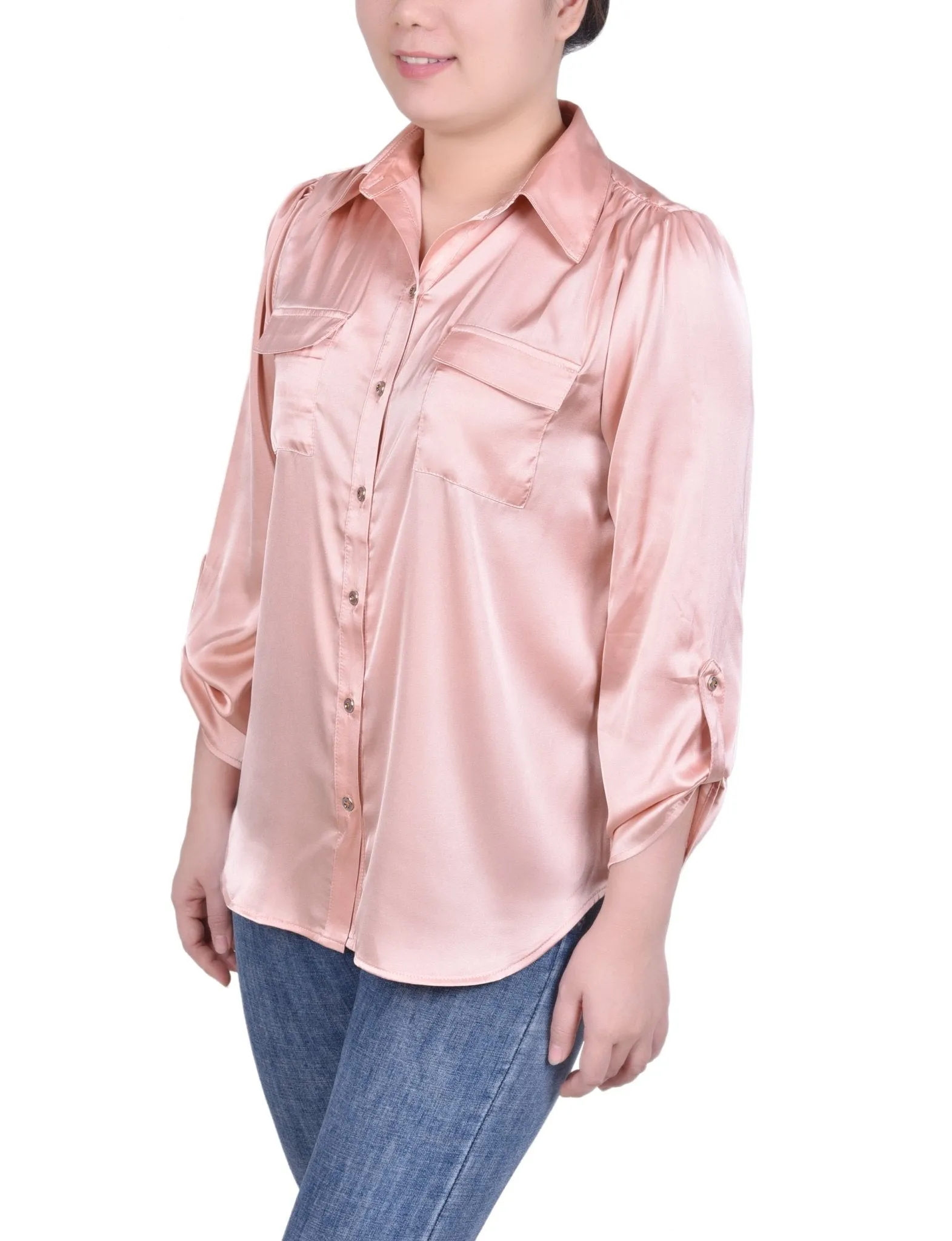Tabbed Long Sleeve Satin Blouse - Petite