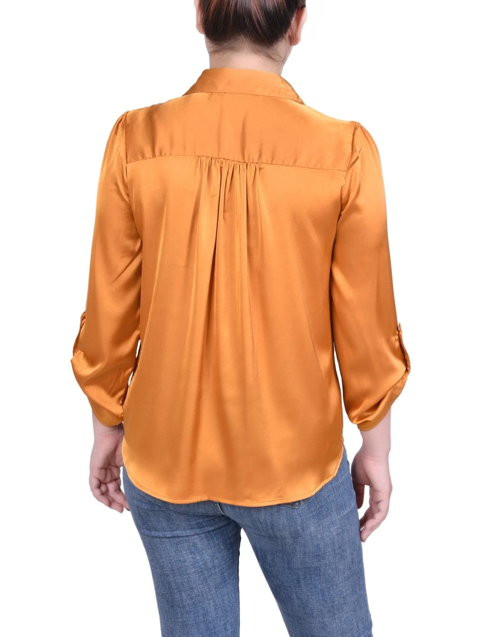 Tabbed Long Sleeve Satin Blouse - Petite