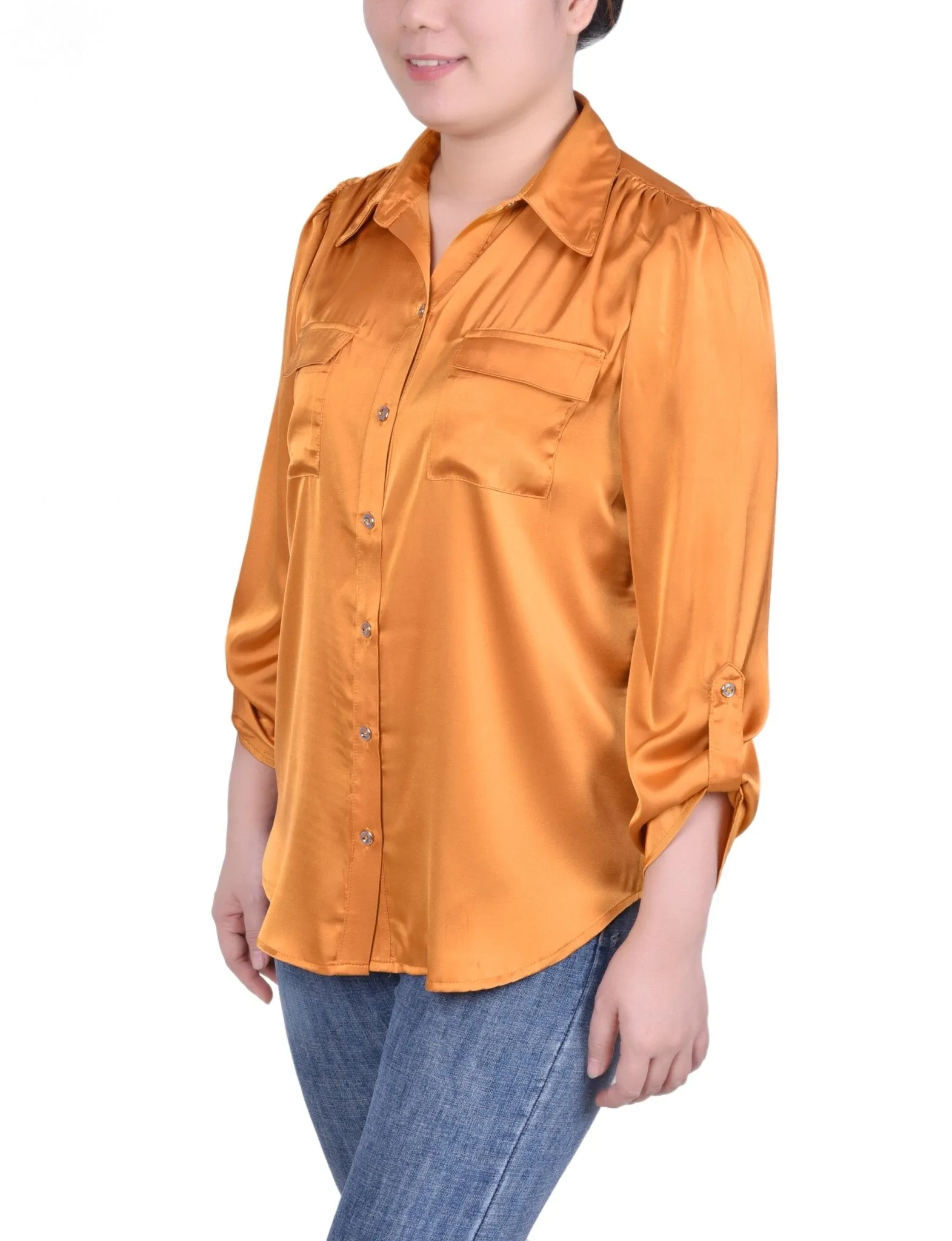 Tabbed Long Sleeve Satin Blouse - Petite