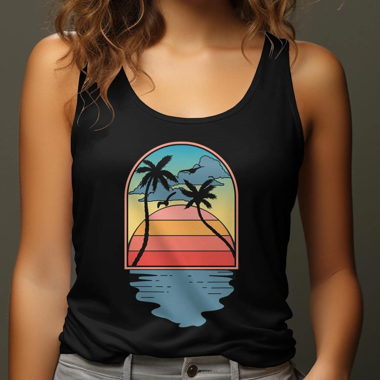 Tropical Sunset Reflection T-Shirt, Retro Palm Tree Design Tee, Retro Sunset Rays Wavy Shirt, Sun Shirt, Retro Sunshine Shirt, Sunset Tee