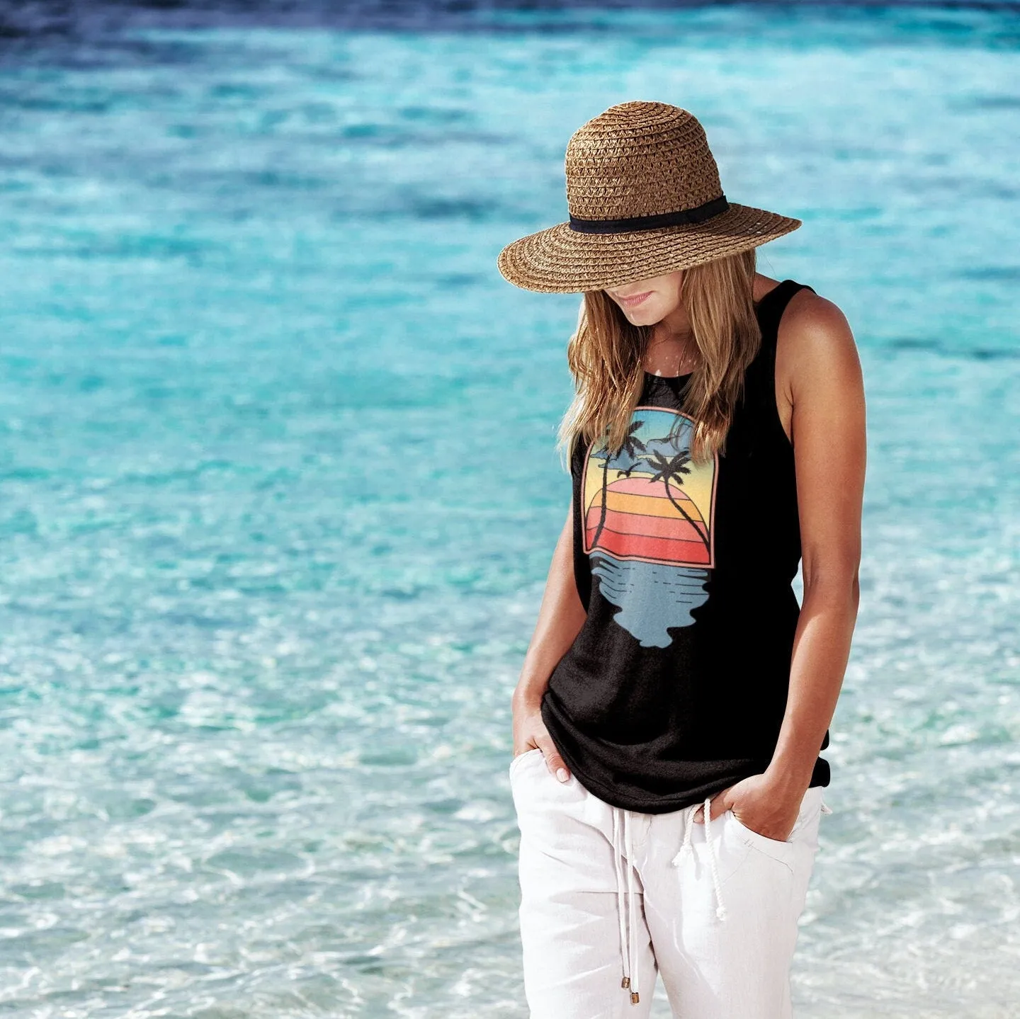 Tropical Sunset Reflection T-Shirt, Retro Palm Tree Design Tee, Retro Sunset Rays Wavy Shirt, Sun Shirt, Retro Sunshine Shirt, Sunset Tee
