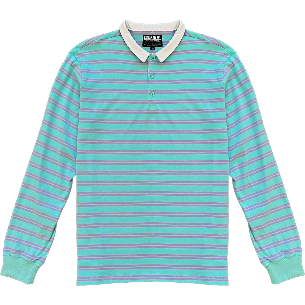 Turquoise Blue And Purple Double Striped Mens Long Sleeve Rugby Shirt