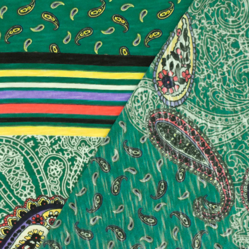 Turquoise-Multi Paisley With Stripe Printed Stretch Poly Slub Jersey Knit Fabric