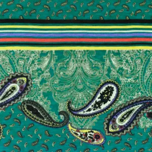 Turquoise-Multi Paisley With Stripe Printed Stretch Poly Slub Jersey Knit Fabric
