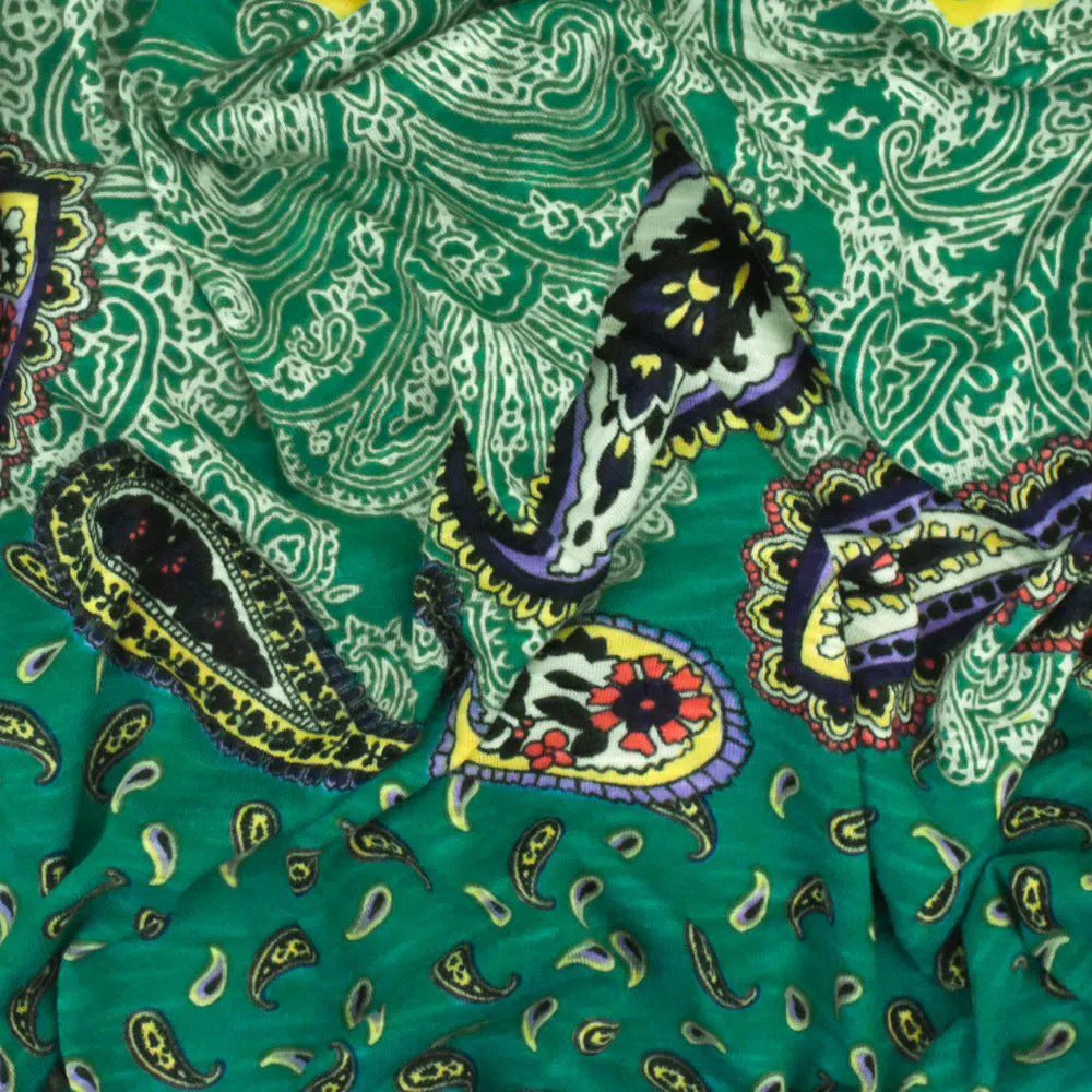 Turquoise-Multi Paisley With Stripe Printed Stretch Poly Slub Jersey Knit Fabric