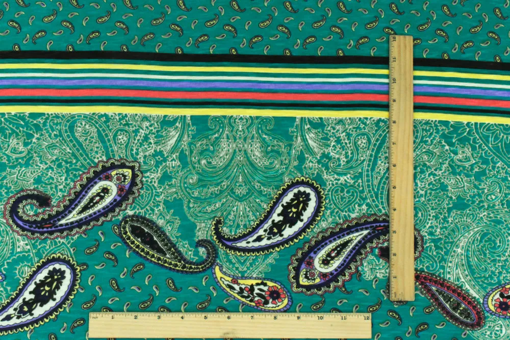 Turquoise-Multi Paisley With Stripe Printed Stretch Poly Slub Jersey Knit Fabric