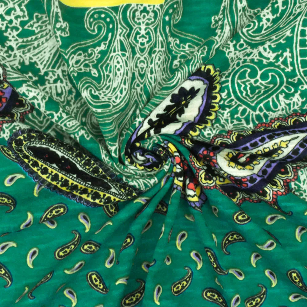 Turquoise-Multi Paisley With Stripe Printed Stretch Poly Slub Jersey Knit Fabric