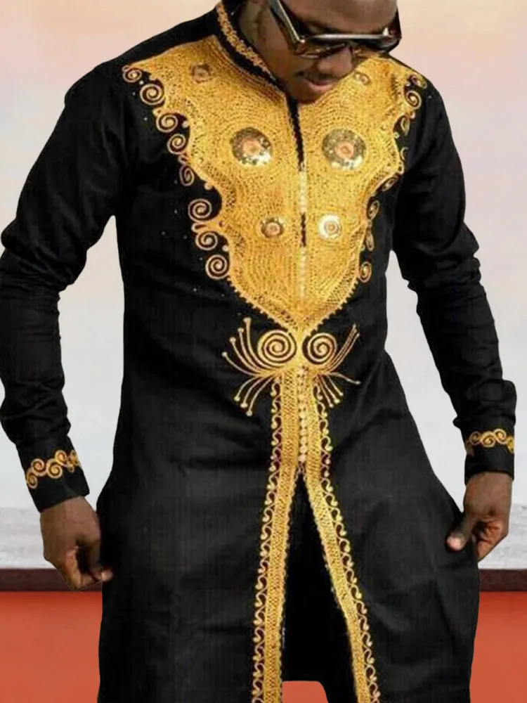 Vintage Style Casual Gold Print Mid-length Shirts