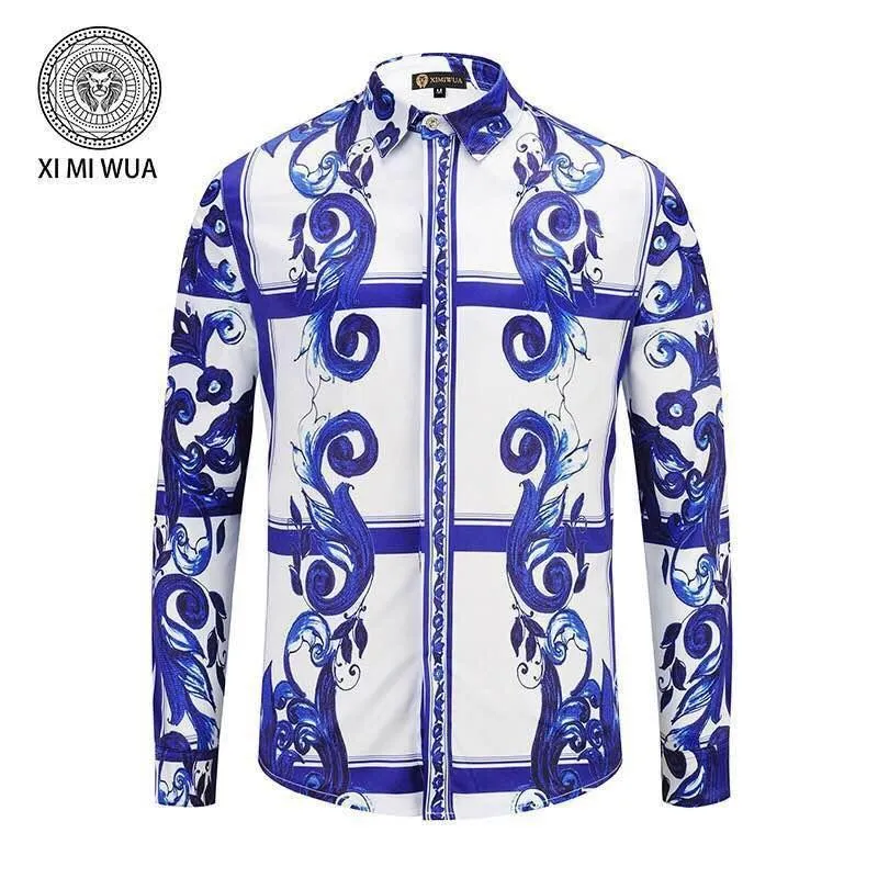 Vintage VE Baroque style silk Blue White shirts