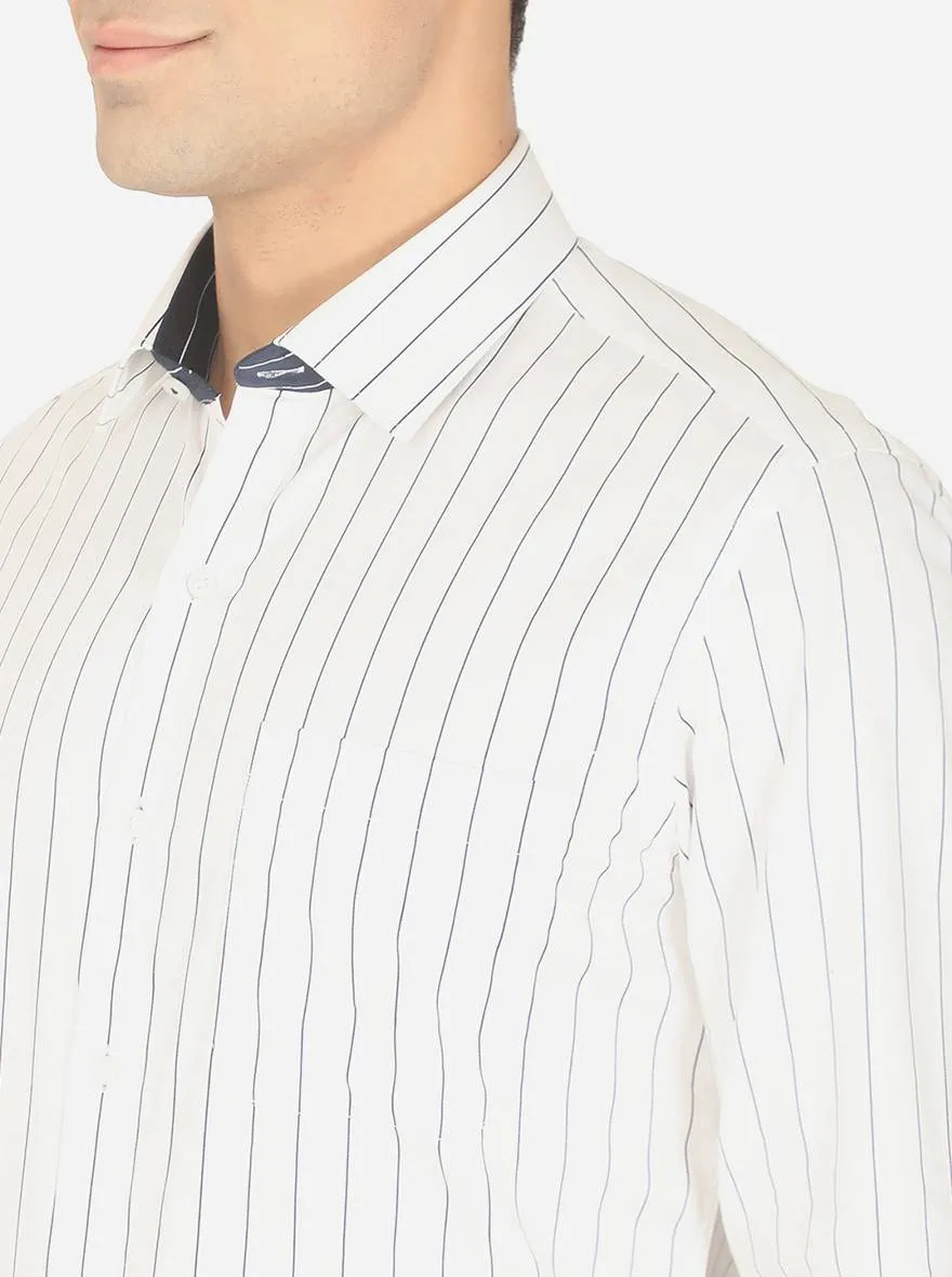 White & Navy Blue Striped Slim Fit Formal Shirt | Greenfibre