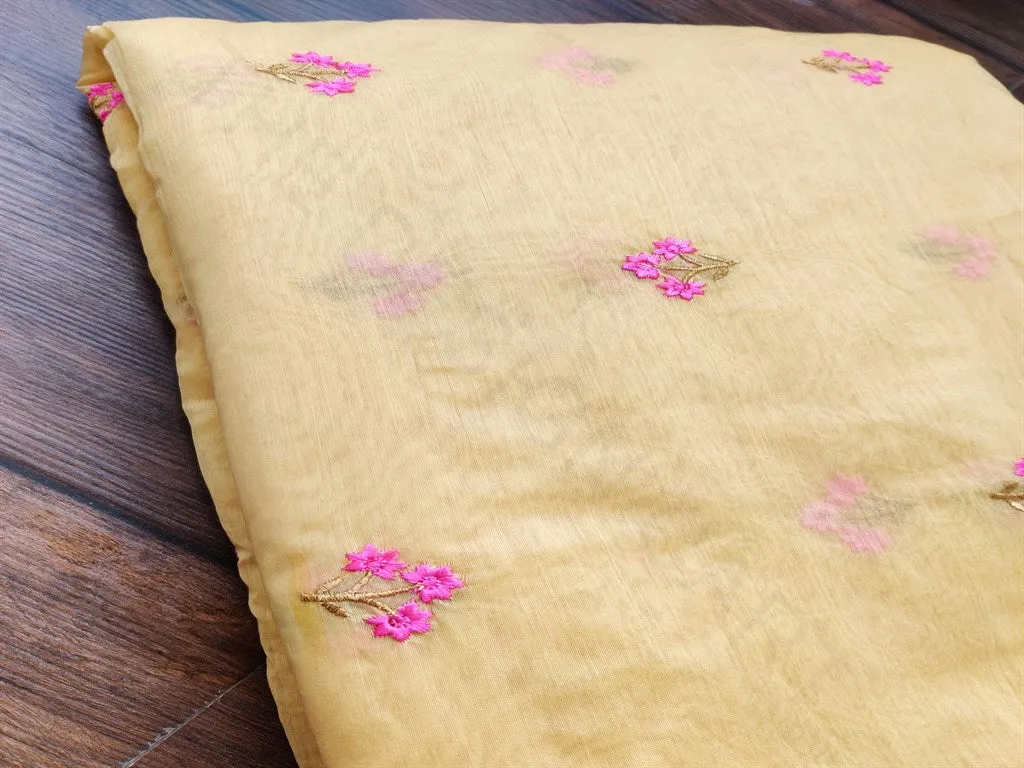 Yellow Embroidered Floral Chanderi Fabric
