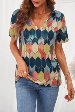 Yellow Geometric Color Bock V Neck Short Sleeve T Shirt