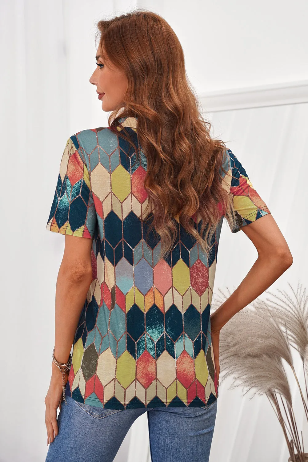 Yellow Geometric Color Bock V Neck Short Sleeve T Shirt