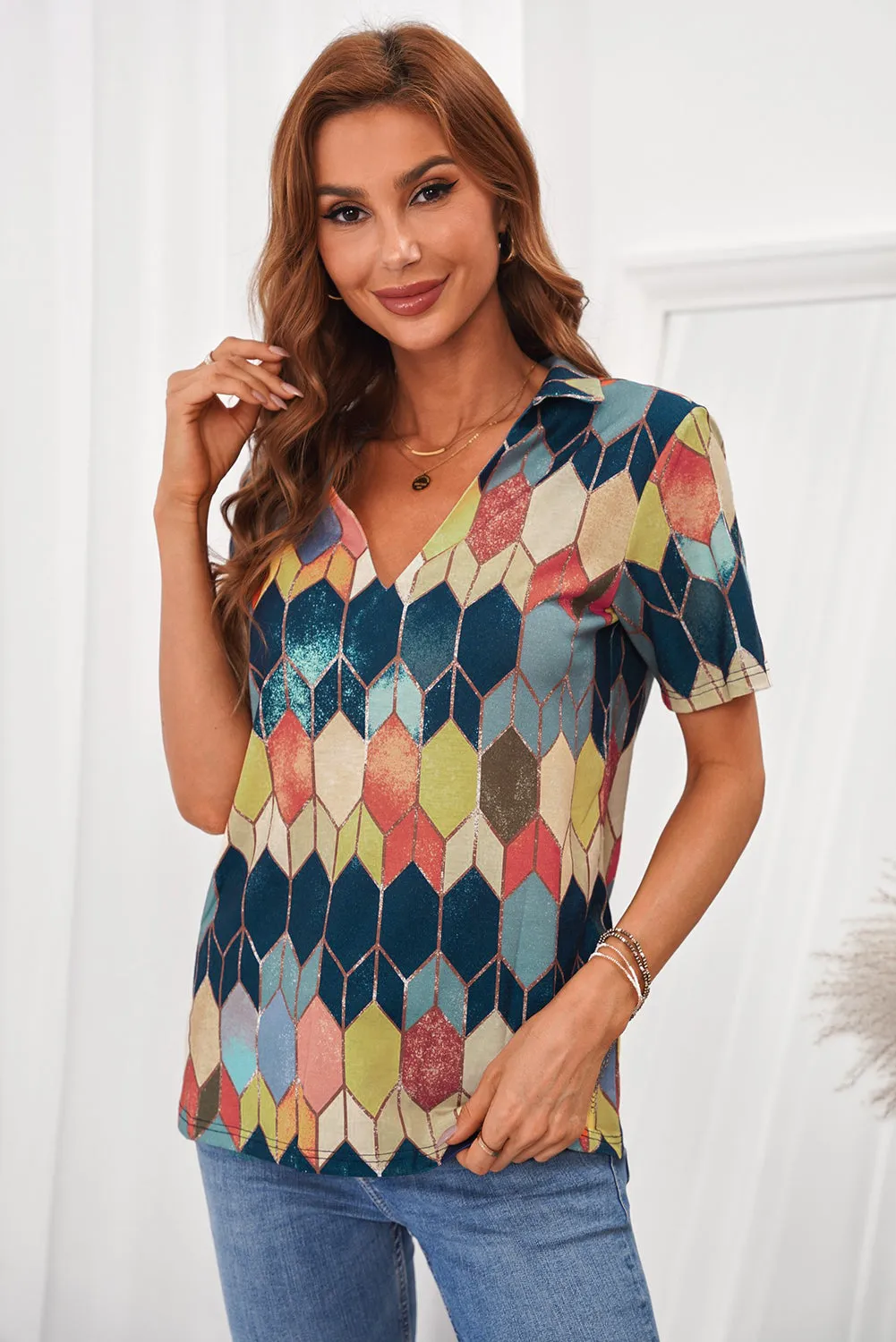 Yellow Geometric Color Bock V Neck Short Sleeve T Shirt
