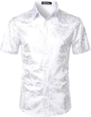 ZEROYAA Men's Luxury Paisley Shiny Printed Slim Fit Short Sleeve Button Up Dress Shirt